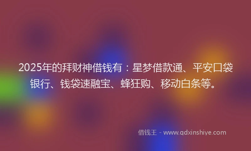 2025年的拜财神借钱有：星梦借款通、平安口袋银行、钱袋速融宝、蜂狂购、移动白条等。