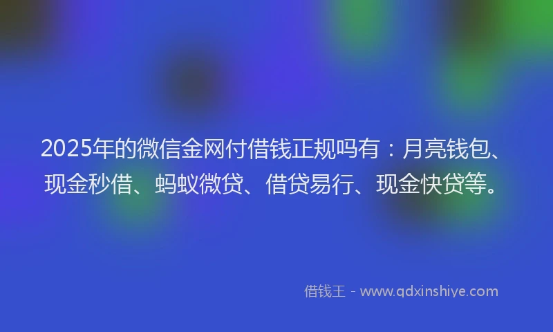 2025年的微信金网付借钱正规吗有：月亮钱包、现金秒借、蚂蚁微贷、借贷易行、现金快贷等。