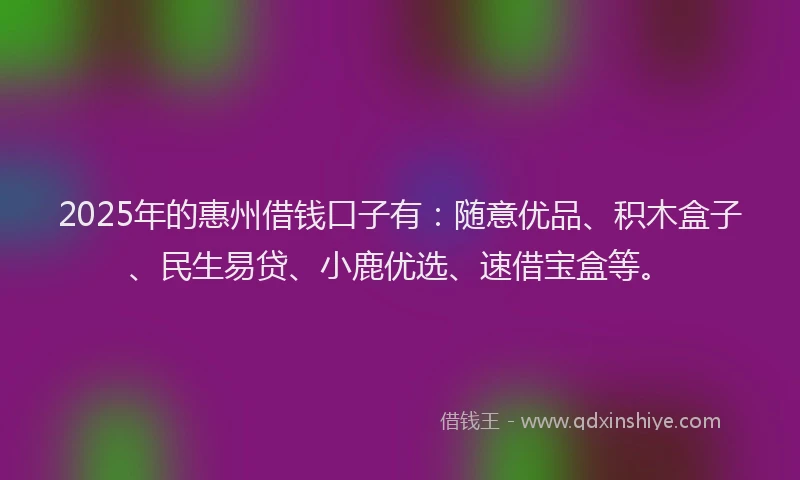 2025年的惠州借钱口子有：随意优品、积木盒子、民生易贷、小鹿优选、速借宝盒等。