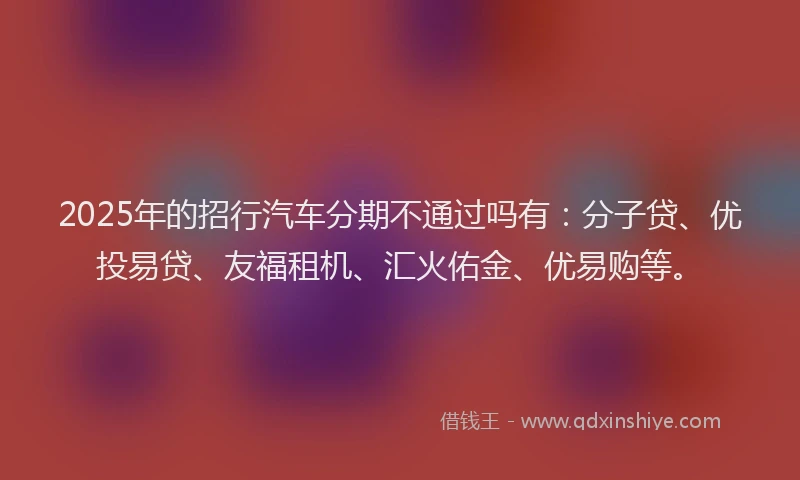 2025年的招行汽车分期不通过吗有：分子贷、优投易贷、友福租机、汇火佑金、优易购等。