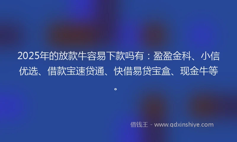 2025年的放款牛容易下款吗有：盈盈金科、小信优选、借款宝速贷通、快借易贷宝盒、现金牛等。