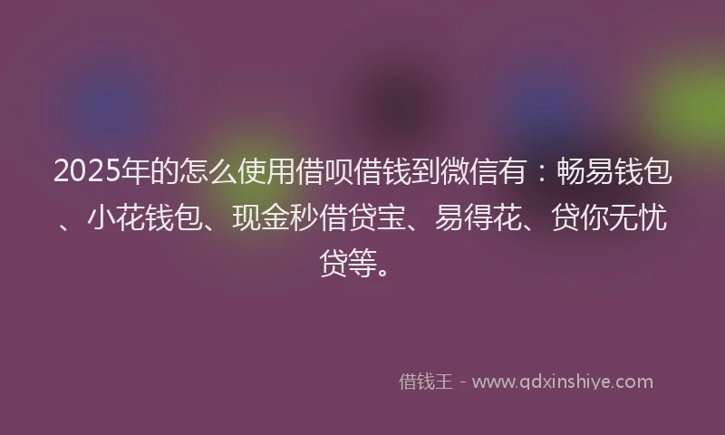 2025年的怎么使用借呗借钱到微信有：畅易钱包、小花钱包、现金秒借贷宝、易得花、贷你无忧贷等。