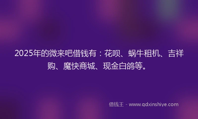 2025年的微来吧借钱有：花呗、蜗牛租机、吉祥购、魔快商城、现金白鸽等。