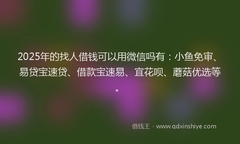 2025年的找人借钱可以用微信吗有：小鱼免审、易贷宝速贷、借款宝速易、宜花呗、蘑菇优选等。