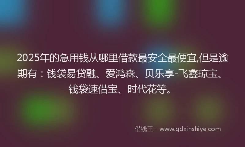 2025年的急用钱从哪里借款最安全最便宜,但是逾期有：钱袋易贷融、爱鸿森、贝乐享-飞鑫琼宝、钱袋速借宝、时代花等。
