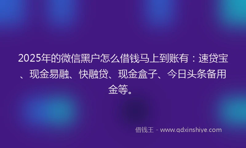 2025年的微信黑户怎么借钱马上到账有：速贷宝、现金易融、快融贷、现金盒子、今日头条备用金等。