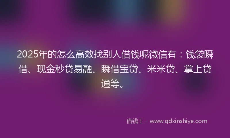 2025年的怎么高效找别人借钱呢微信有：钱袋瞬借、现金秒贷易融、瞬借宝贷、米米贷、掌上贷通等。
