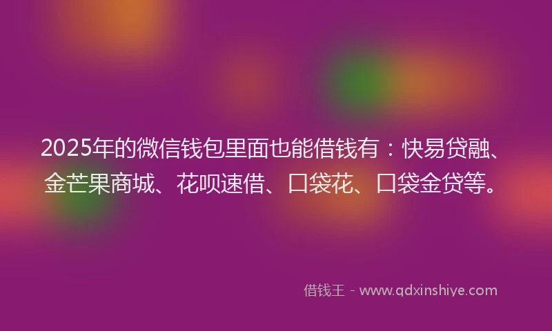 2025年的微信钱包里面也能借钱有：快易贷融、金芒果商城、花呗速借、口袋花、口袋金贷等。