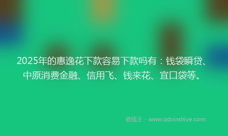 2025年的惠逸花下款容易下款吗有：钱袋瞬贷、中原消费金融、信用飞、钱来花、宜口袋等。