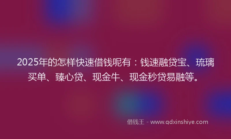 2025年的怎样快速借钱呢有：钱速融贷宝、琉璃买单、臻心贷、现金牛、现金秒贷易融等。