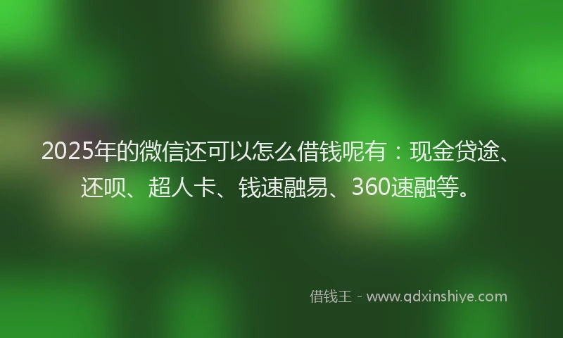 2025年的微信还可以怎么借钱呢有：现金贷途、还呗、超人卡、钱速融易、360速融等。