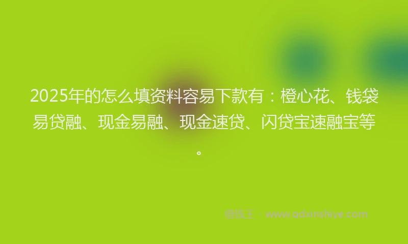 2025年的怎么填资料容易下款有：橙心花、钱袋易贷融、现金易融、现金速贷、闪贷宝速融宝等。