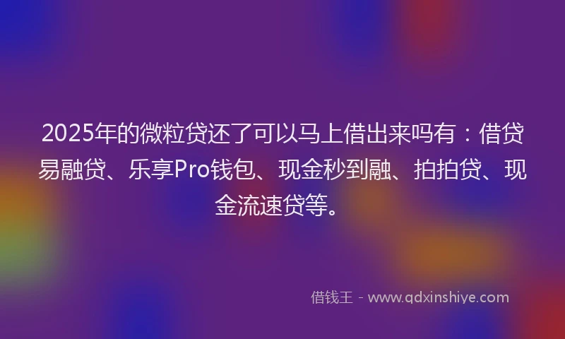 2025年的微粒贷还了可以马上借出来吗有：借贷易融贷、乐享Pro钱包、现金秒到融、拍拍贷、现金流速贷等。