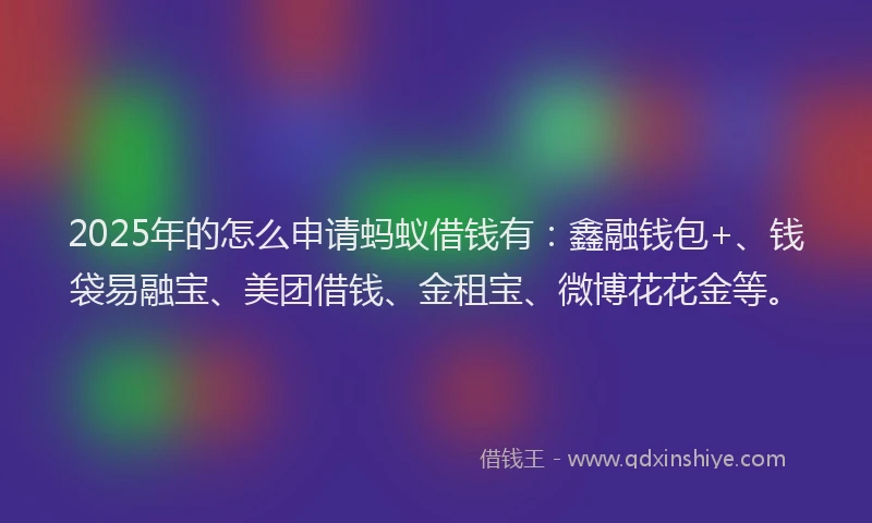 2025年的怎么申请蚂蚁借钱有：鑫融钱包+、钱袋易融宝、美团借钱、金租宝、微博花花金等。