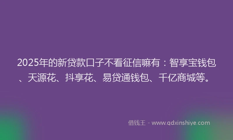2025年的新贷款口子不看征信嘛有：智享宝钱包、天源花、抖享花、易贷通钱包、千亿商城等。
