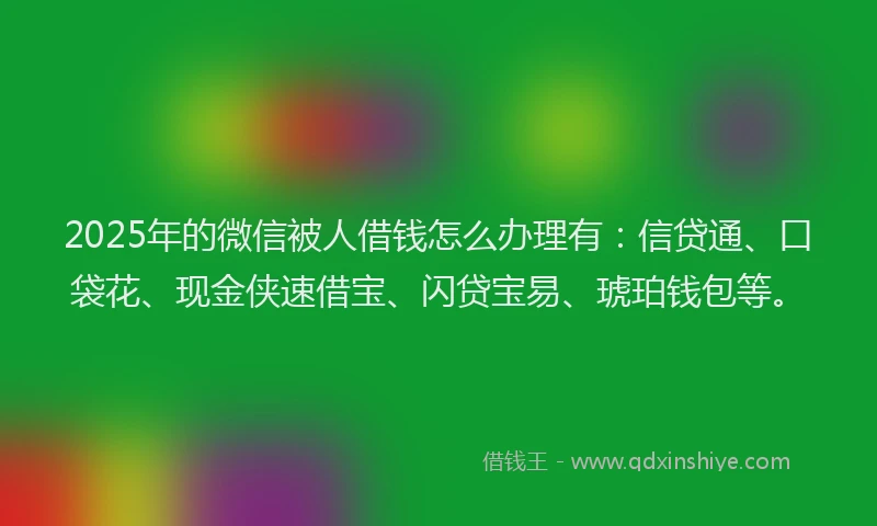 2025年的微信被人借钱怎么办理有：信贷通、口袋花、现金侠速借宝、闪贷宝易、琥珀钱包等。