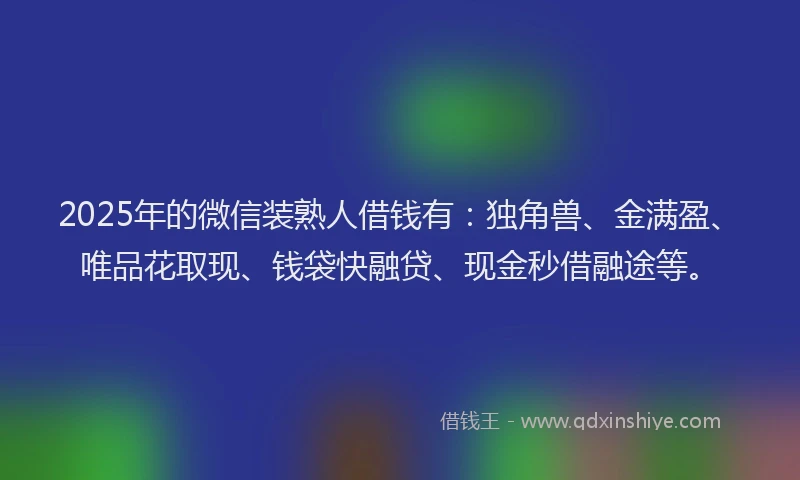 2025年的微信装熟人借钱有：独角兽、金满盈、唯品花取现、钱袋快融贷、现金秒借融途等。