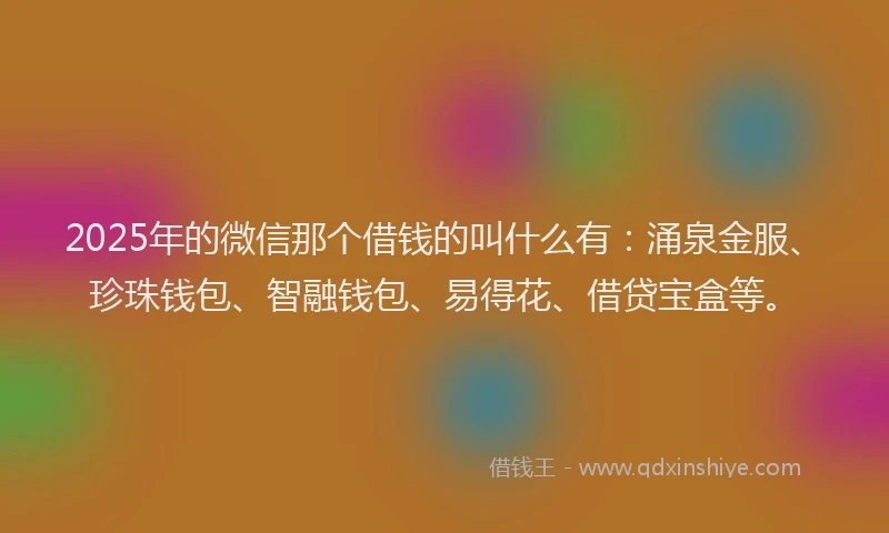 2025年的微信那个借钱的叫什么有：涌泉金服、珍珠钱包、智融钱包、易得花、借贷宝盒等。