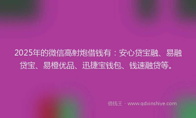 2025年的微信高射炮借钱有：安心贷宝融、易融贷宝、易橙优品、迅捷宝钱包、钱速融贷等。