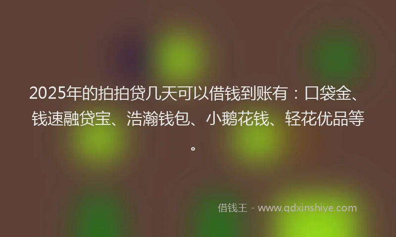 2025年的拍拍贷几天可以借钱到账有：口袋金、钱速融贷宝、浩瀚钱包、小鹅花钱、轻花优品等。