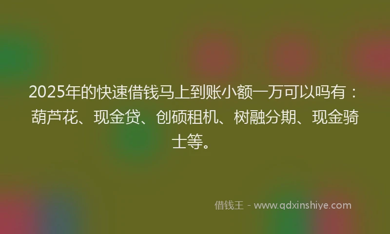 2025年的快速借钱马上到账小额一万可以吗有：葫芦花、现金贷、创硕租机、树融分期、现金骑士等。