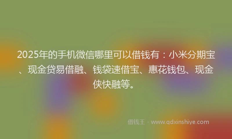 2025年的手机微信哪里可以借钱有：小米分期宝、现金贷易借融、钱袋速借宝、惠花钱包、现金侠快融等。