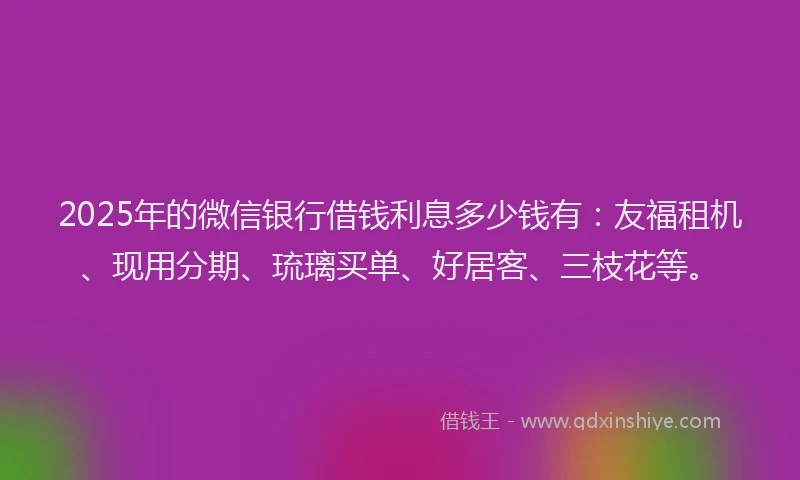 2025年的微信银行借钱利息多少钱有：友福租机、现用分期、琉璃买单、好居客、三枝花等。