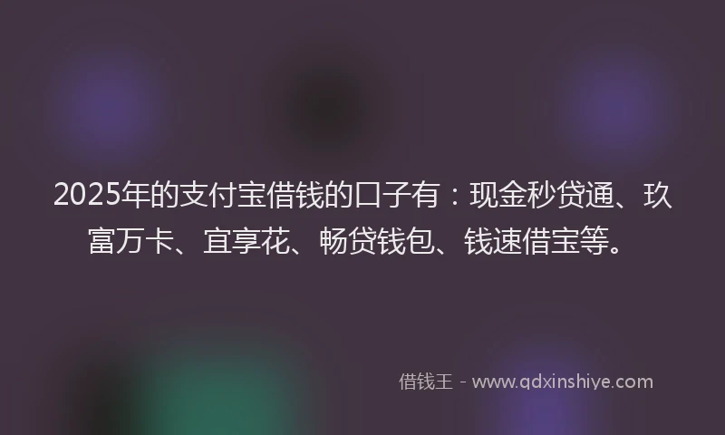 2025年的支付宝借钱的口子有：现金秒贷通、玖富万卡、宜享花、畅贷钱包、钱速借宝等。