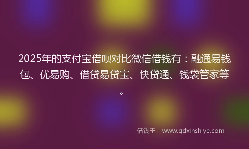 2025年的支付宝借呗对比微信借钱有：融通易钱包、优易购、借贷易贷宝、快贷通、钱袋管家等。