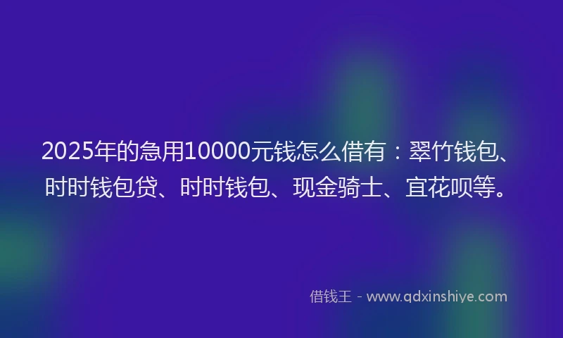 2025年的急用10000元钱怎么借有：翠竹钱包、时时钱包贷、时时钱包、现金骑士、宜花呗等。