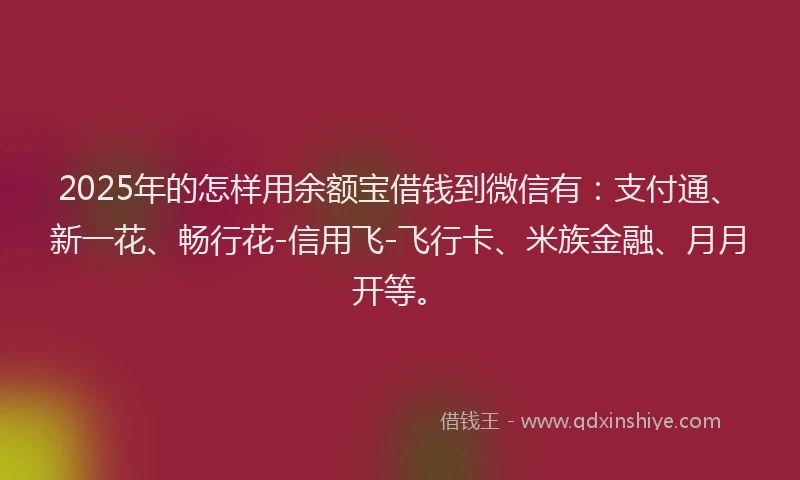 2025年的怎样用余额宝借钱到微信有：支付通、新一花、畅行花-信用飞-飞行卡、米族金融、月月开等。