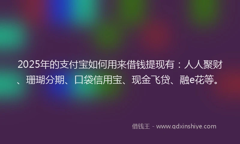 2025年的支付宝如何用来借钱提现有：人人聚财、珊瑚分期、口袋信用宝、现金飞贷、融e花等。