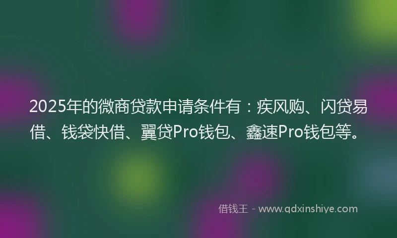 2025年的微商贷款申请条件有：疾风购、闪贷易借、钱袋快借、翼贷Pro钱包、鑫速Pro钱包等。