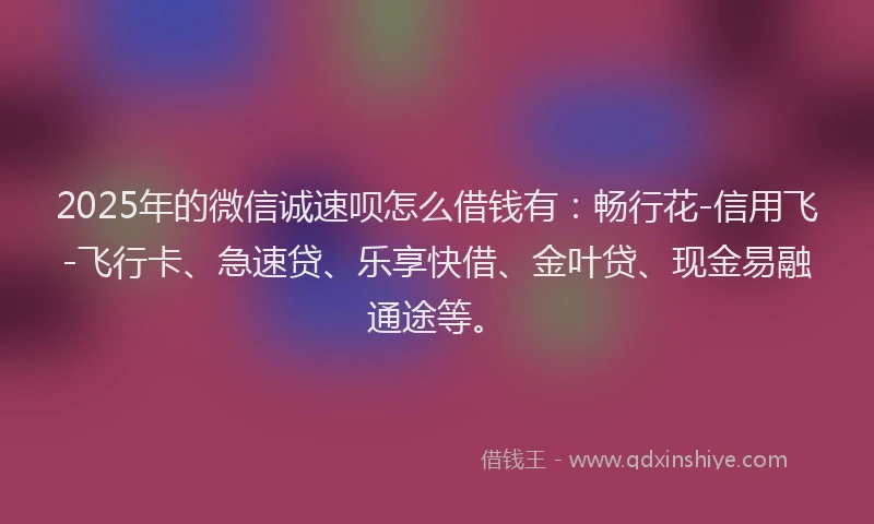 2025年的微信诚速呗怎么借钱有：畅行花-信用飞-飞行卡、急速贷、乐享快借、金叶贷、现金易融通途等。