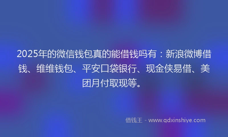2025年的微信钱包真的能借钱吗有：新浪微博借钱、维维钱包、平安口袋银行、现金侠易借、美团月付取现等。