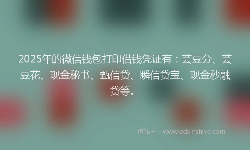 2025年的微信钱包打印借钱凭证有：芸豆分、芸豆花、现金秘书、甄信贷、瞬信贷宝、现金秒融贷等。