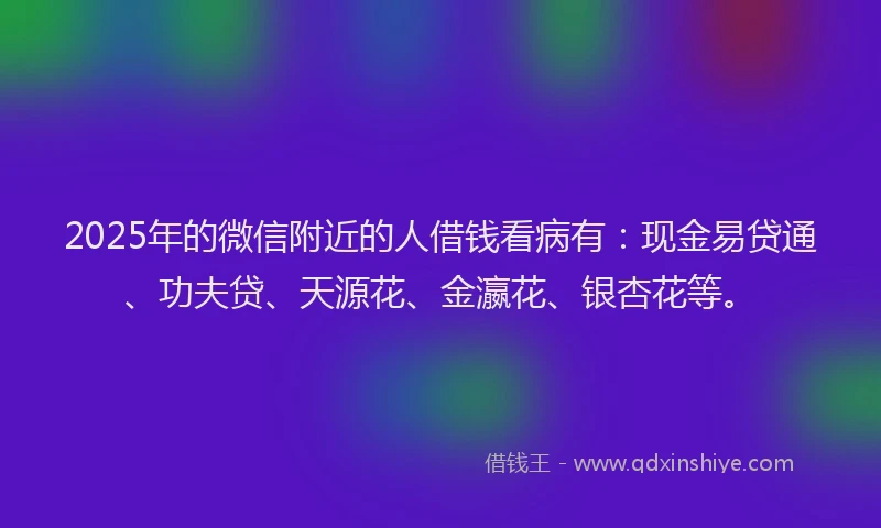 2025年的微信附近的人借钱看病有：现金易贷通、功夫贷、天源花、金瀛花、银杏花等。
