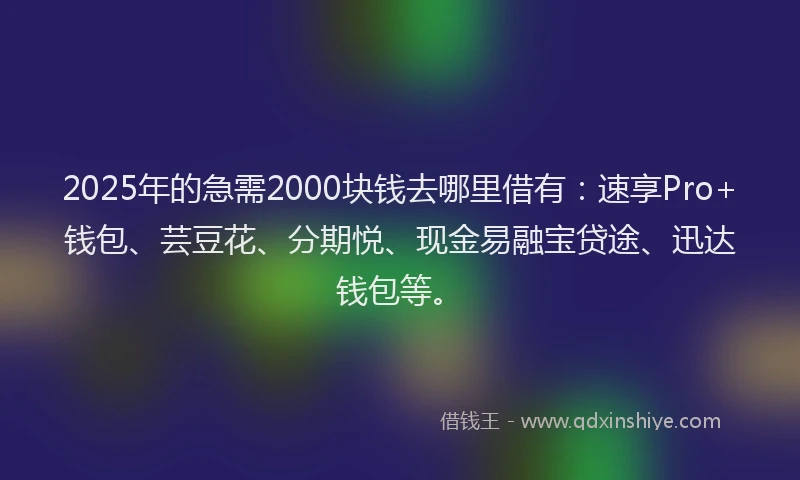 2025年的急需2000块钱去哪里借有：速享Pro+钱包、芸豆花、分期悦、现金易融宝贷途、迅达钱包等。