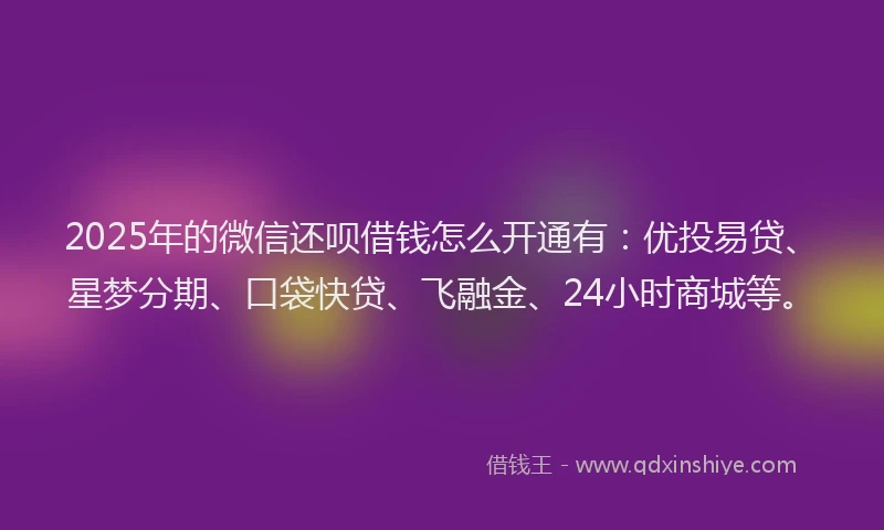 2025年的微信还呗借钱怎么开通有：优投易贷、星梦分期、口袋快贷、飞融金、24小时商城等。
