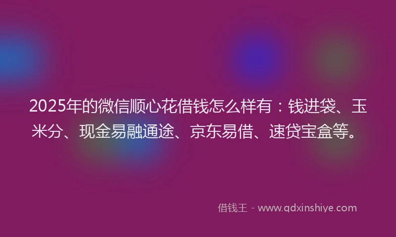 2025年的微信顺心花借钱怎么样有：钱进袋、玉米分、现金易融通途、京东易借、速贷宝盒等。