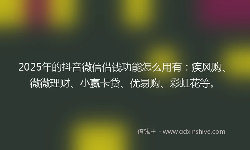 2025年的抖音微信借钱功能怎么用有：疾风购、微微理财、小赢卡贷、优易购、彩虹花等。