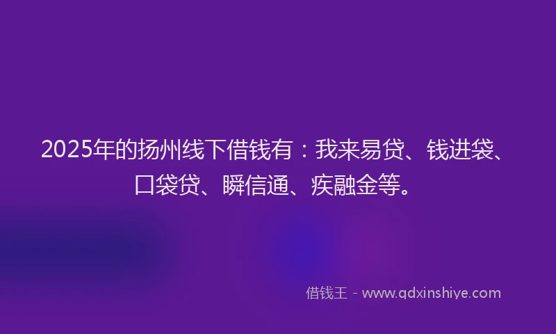 2025年的扬州线下借钱有：我来易贷、钱进袋、口袋贷、瞬信通、疾融金等。