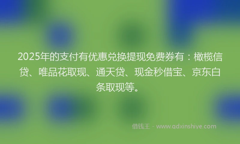 2025年的支付有优惠兑换提现免费券有：橄榄信贷、唯品花取现、通天贷、现金秒借宝、京东白条取现等。