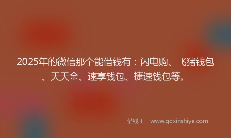 2025年的微信那个能借钱有：闪电购、飞猪钱包、天天金、速享钱包、捷速钱包等。
