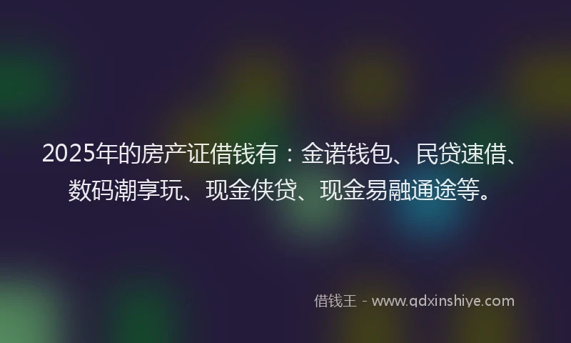 2025年的房产证借钱有：金诺钱包、民贷速借、数码潮享玩、现金侠贷、现金易融通途等。