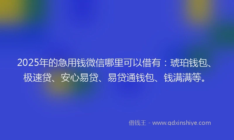 2025年的急用钱微信哪里可以借有：琥珀钱包、极速贷、安心易贷、易贷通钱包、钱满满等。