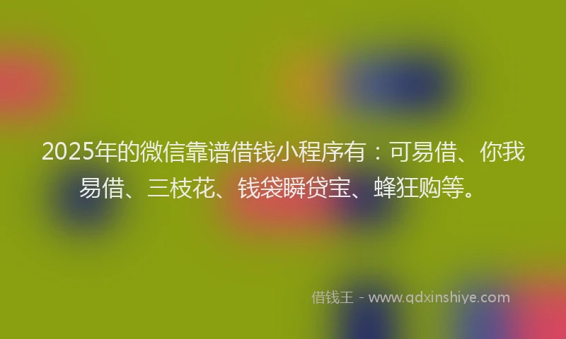 2025年的微信靠谱借钱小程序有：可易借、你我易借、三枝花、钱袋瞬贷宝、蜂狂购等。