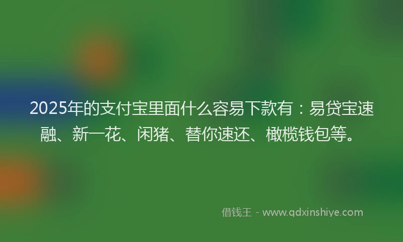 2025年的支付宝里面什么容易下款有：易贷宝速融、新一花、闲猪、替你速还、橄榄钱包等。