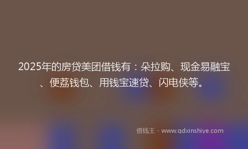 2025年的房贷美团借钱有：朵拉购、现金易融宝、便荔钱包、用钱宝速贷、闪电侠等。