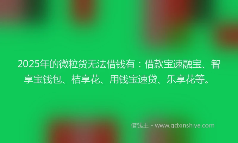2025年的微粒货无法借钱有：借款宝速融宝、智享宝钱包、桔享花、用钱宝速贷、乐享花等。
